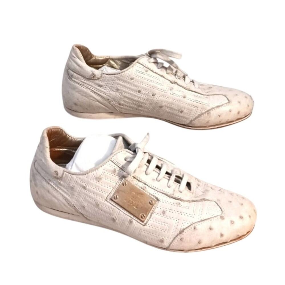VERY RARE Vintage Versace Ostrich Leather Trainer Sneakers Sz 37 White Gold Logo